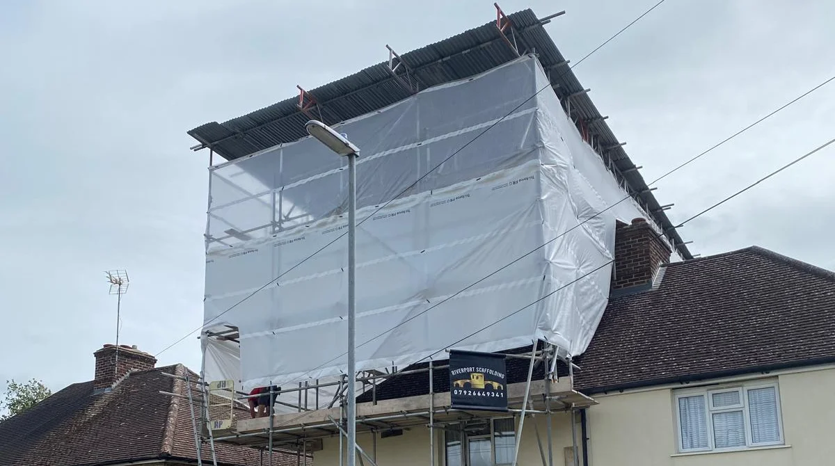 Temporary roof scaffolding on house
